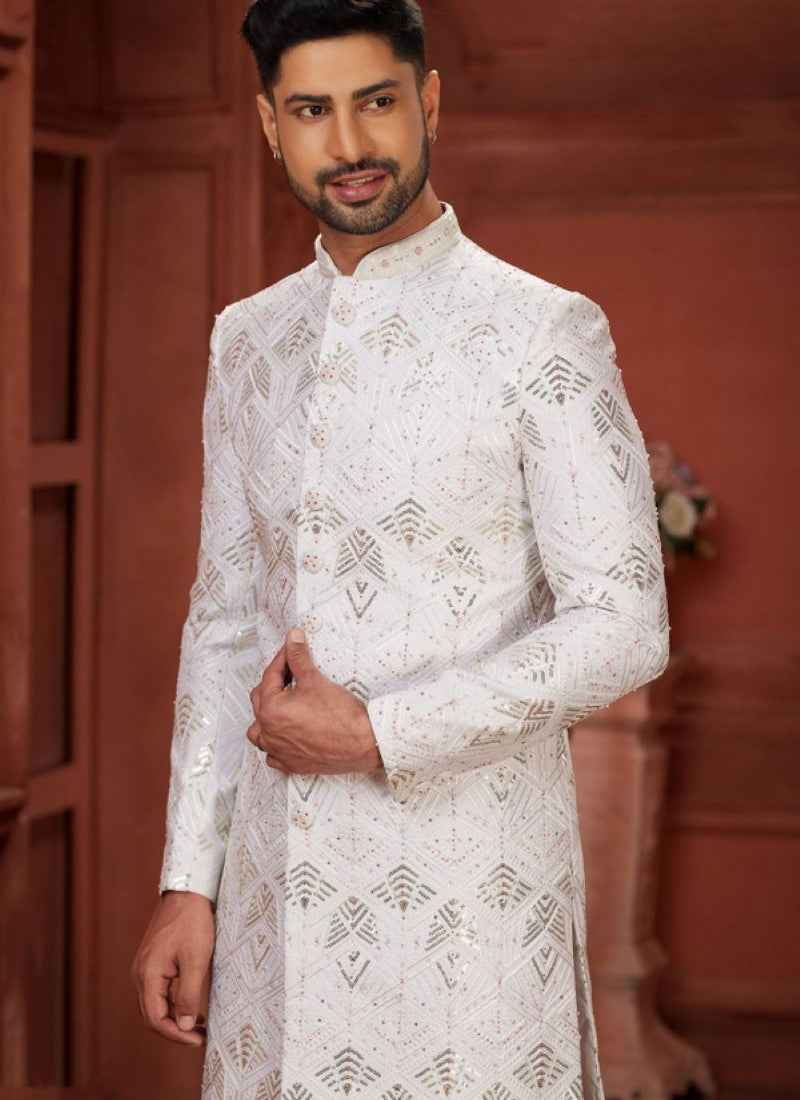 Pure White Silk Wedding Sherwani With Embroidered Thread, Sequence and Heavy Handwork Work