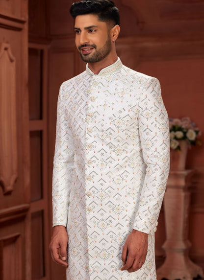 Pure White Silk Wedding Sherwani With Embroidered Thread, Sequence and Heavy Handwork Work