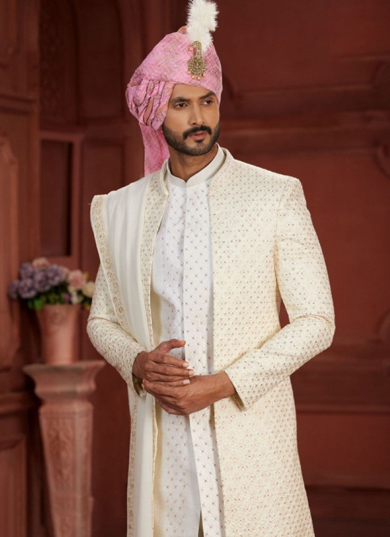 White Silk Wedding Sherwani With Embroidered Thread, Sequence and Heavy Handwork Work