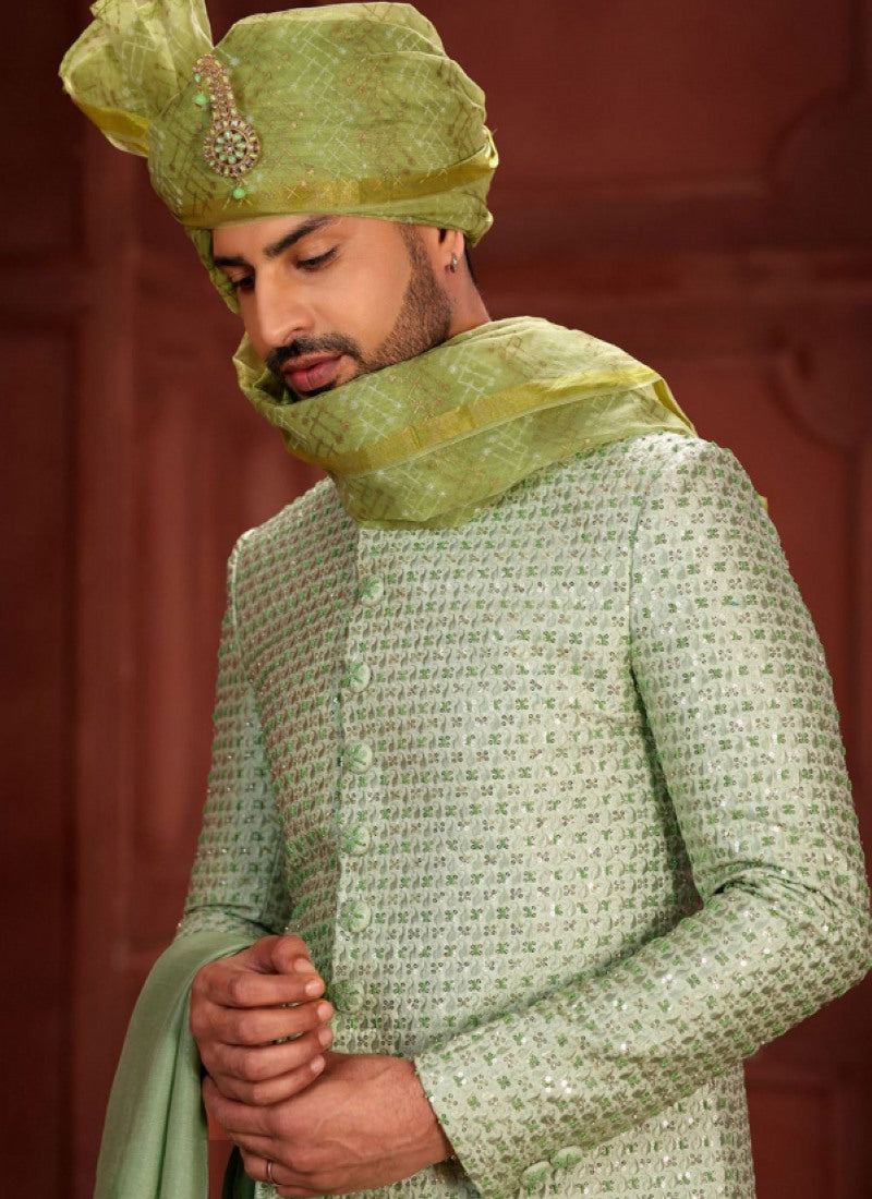 Pista Green Silk Wedding Sherwani With Embroidered Thread, Sequence and Heavy Handwork Work