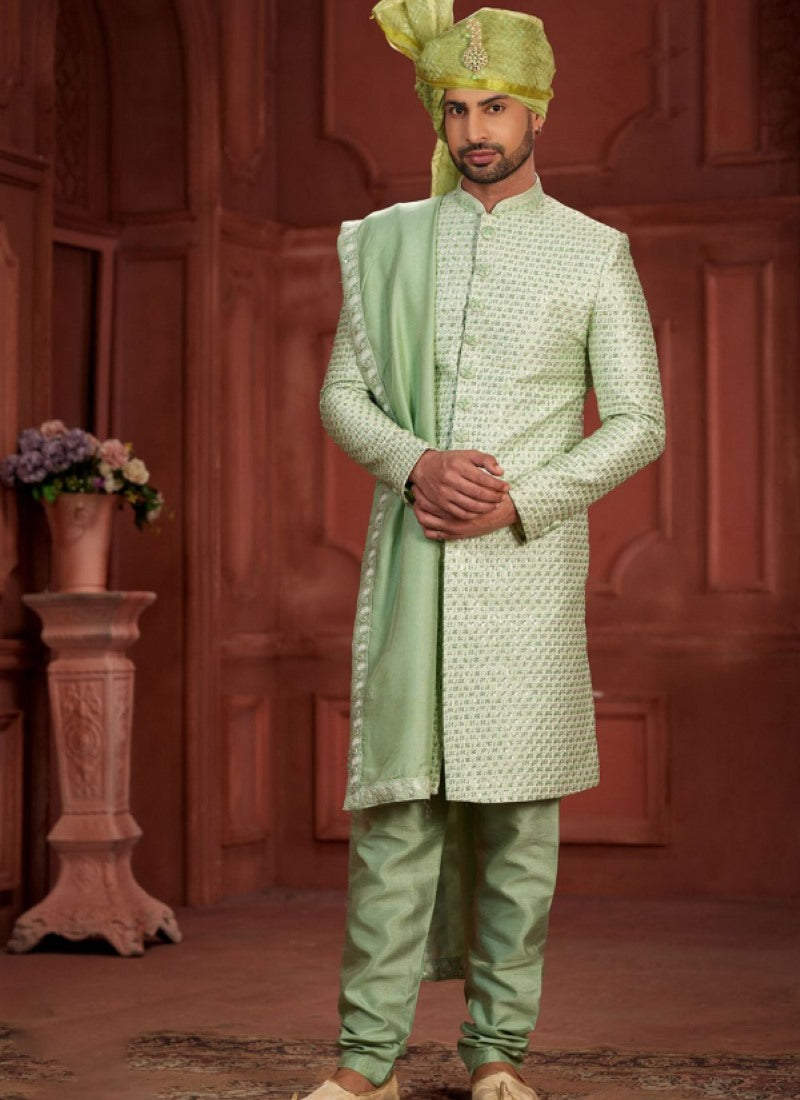 Pista Green Silk Wedding Sherwani With Embroidered Thread, Sequence and Heavy Handwork Work