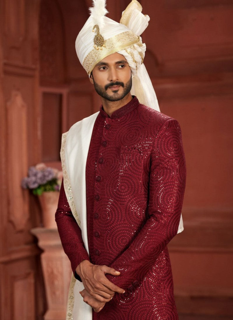 Red Silk Wedding Sherwani With Embroidered Thread, Sequence and Heavy Handwork Work