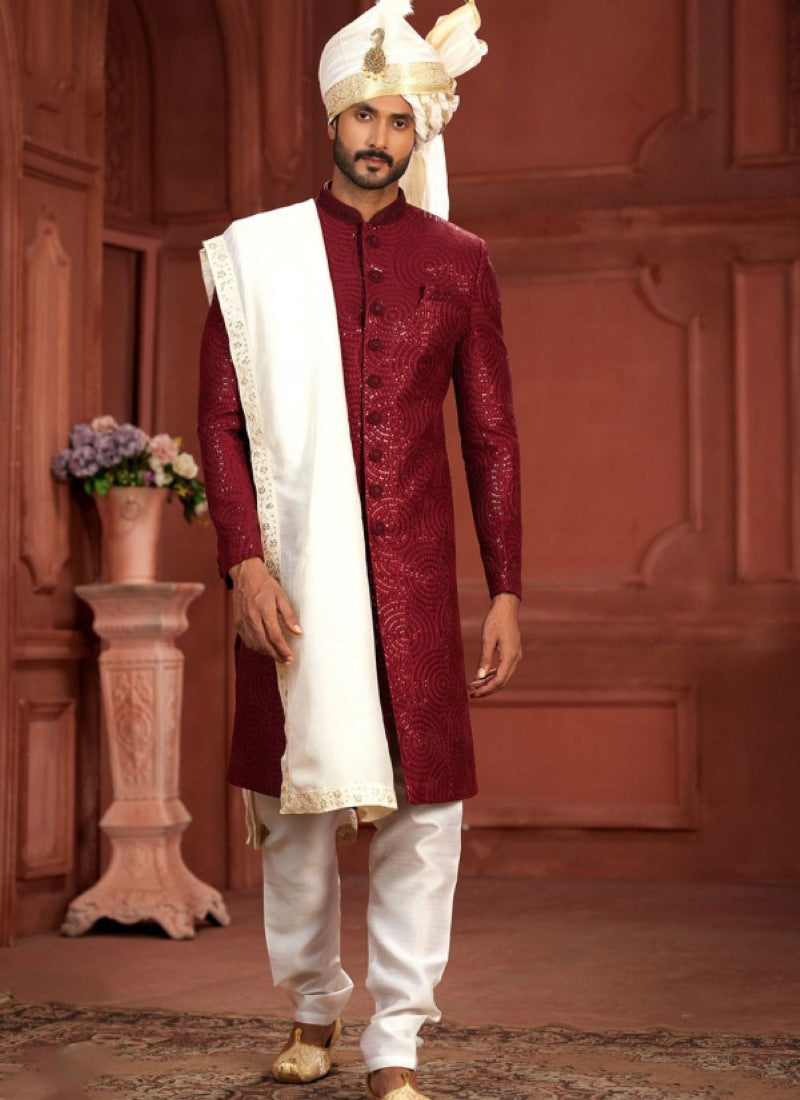 Red Silk Wedding Sherwani With Embroidered Thread, Sequence and Heavy Handwork Work