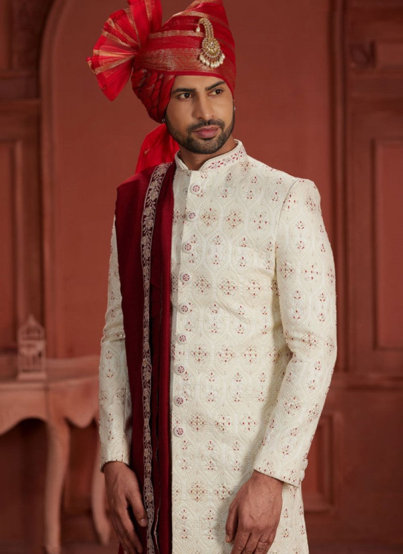 Off White Silk Wedding Sherwani With Embroidered Thread, Sequence and Heavy Handwork Work