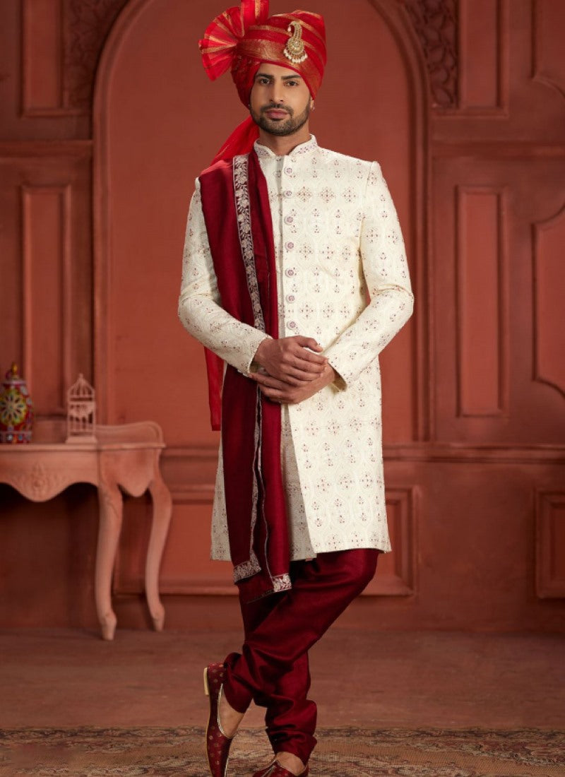 Off White Silk Wedding Sherwani With Embroidered Thread, Sequence and Heavy Handwork Work