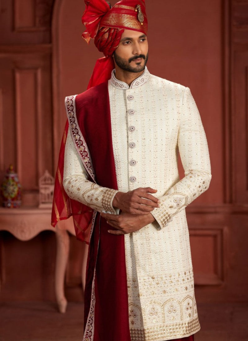 Off White Silk Wedding Sherwani With Embroidered Thread, Sequence and Heavy Handwork Work