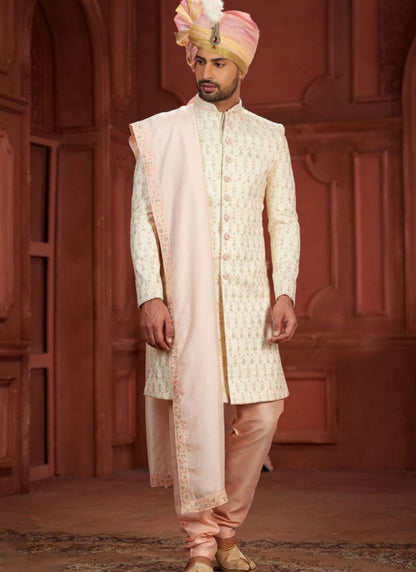 Cream Silk Wedding Sherwani With Embroidered Thread, Sequence and Heavy Handwork Work