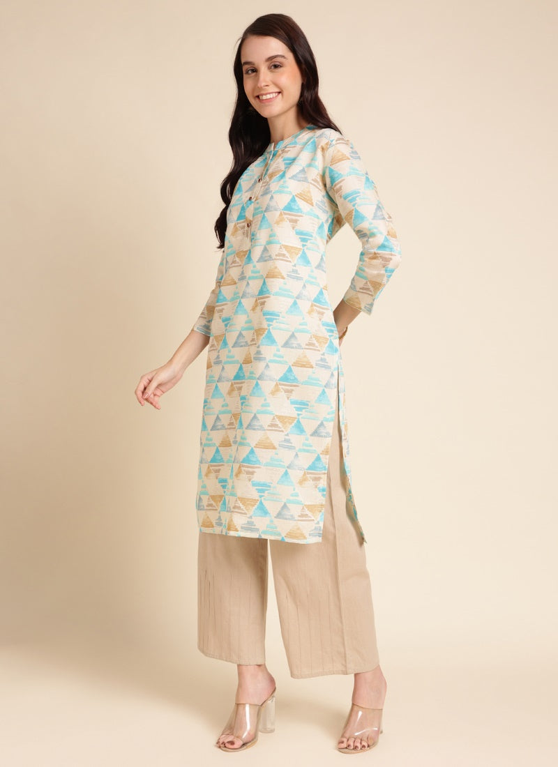 Beige Chanderi Silk Printed Kurti-2