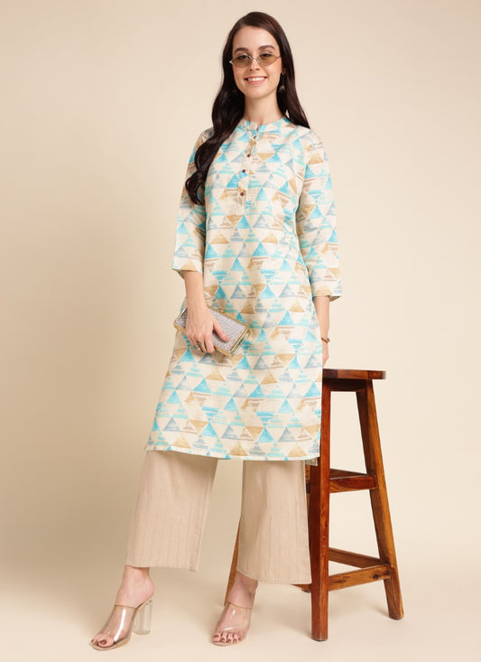 Beige Chanderi Silk Printed Kurti