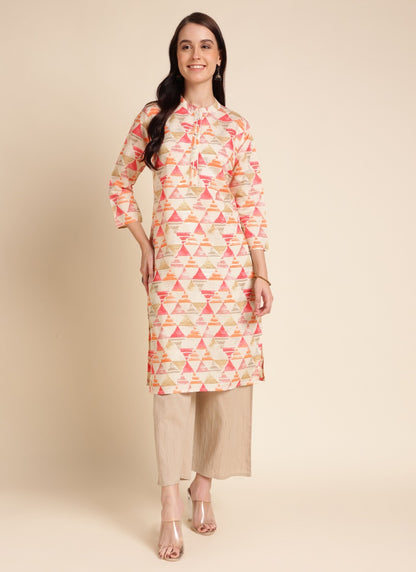 Beige Chanderi Silk Printed Kurti-2