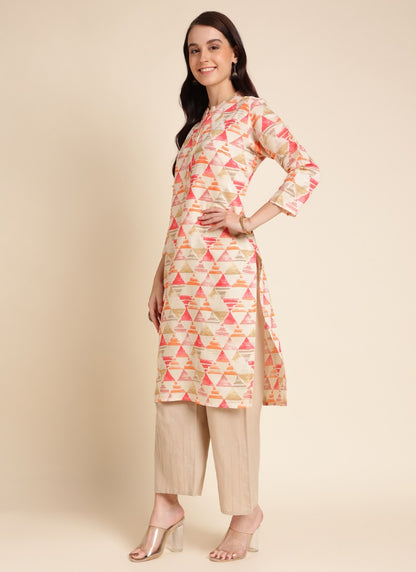 Beige Chanderi Silk Printed Kurti