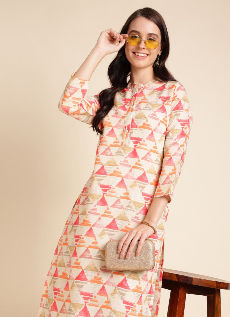 Beige Chanderi Silk Printed Kurti-2