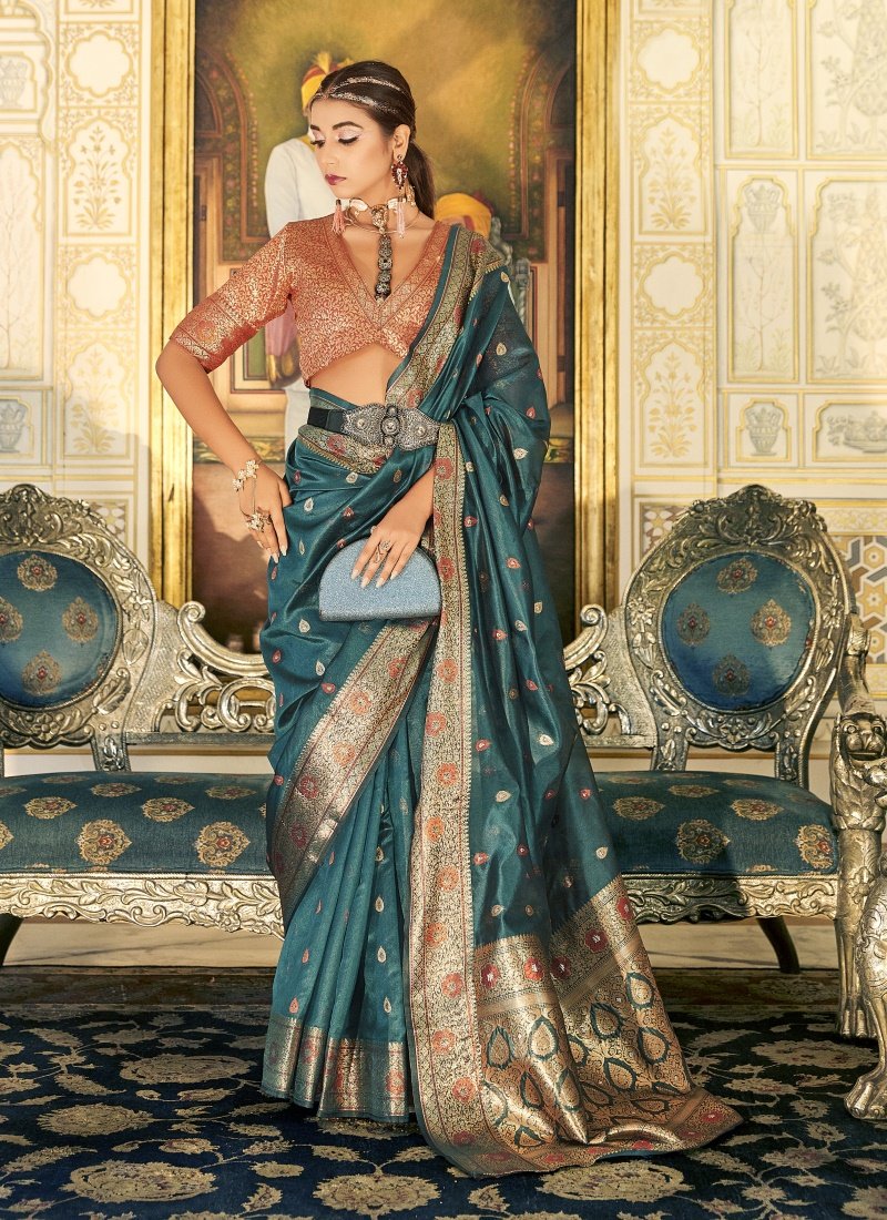 Green Silk Saree With Resham Work