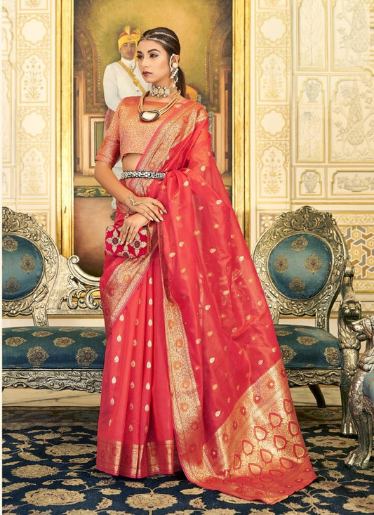 Orange Silk Saree With Resham Work