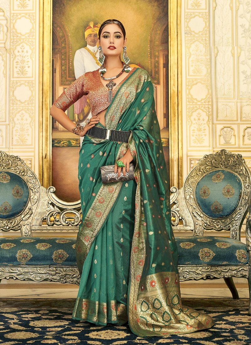 Green Silk Saree With Resham Work