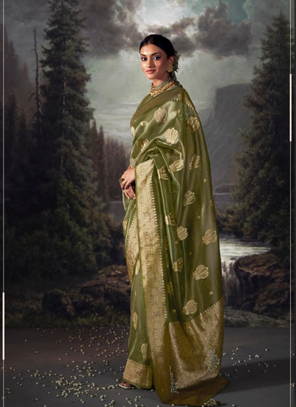 Olive Green Pure Banarasi Silk Saree With Resham Work and Zari, Stone Work-2