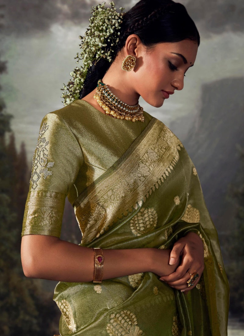 Olive Green Pure Banarasi Silk Saree With Resham Work and Zari, Stone Work-2