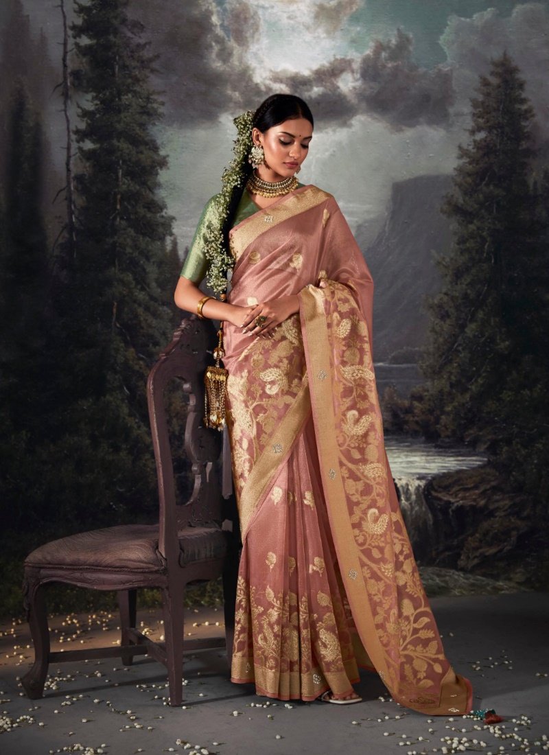 Pink Pure Banarasi Silk Saree With Resham Work and Zari, Stone Work