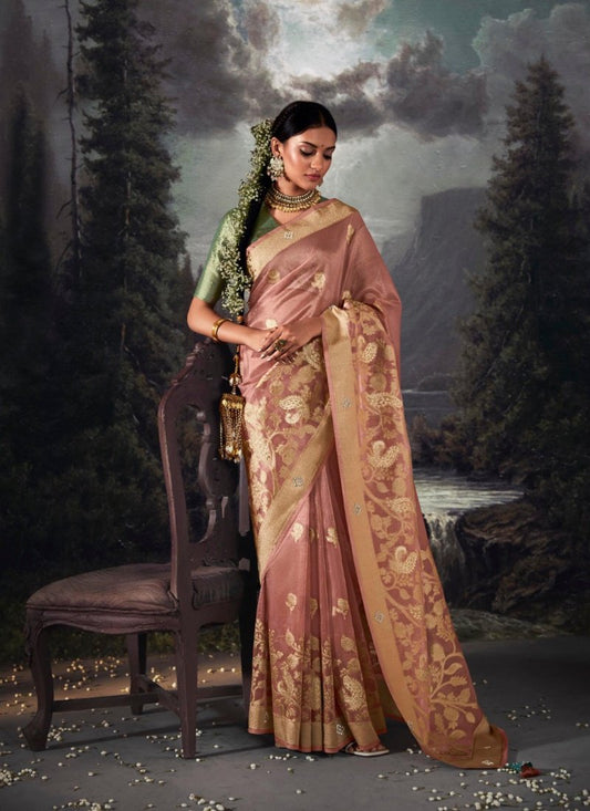 Pink Pure Banarasi Silk Saree With Resham Work and Zari, Stone Work