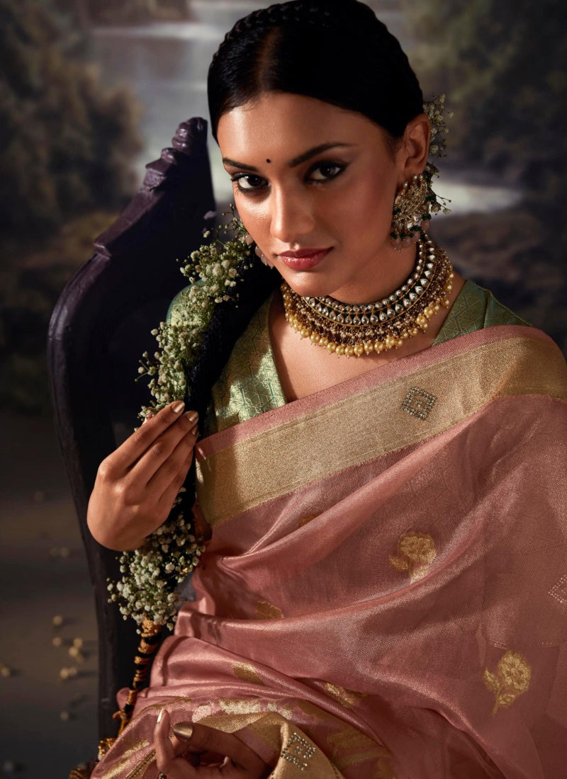 Bright Peach Jacquard Stonework Woven Banarasi Silk Saree – Apparel Designer