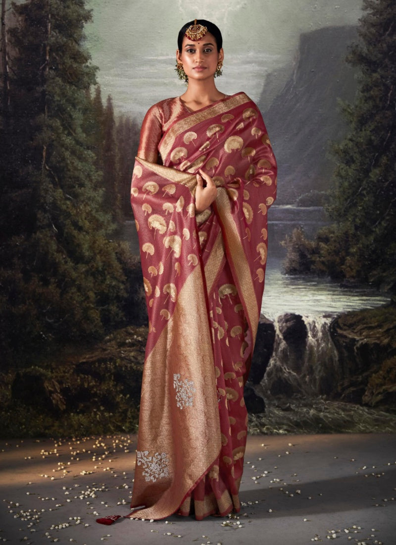 Maroon Pure Banarasi Silk Saree With Resham Work and Zari, Stone Work-2