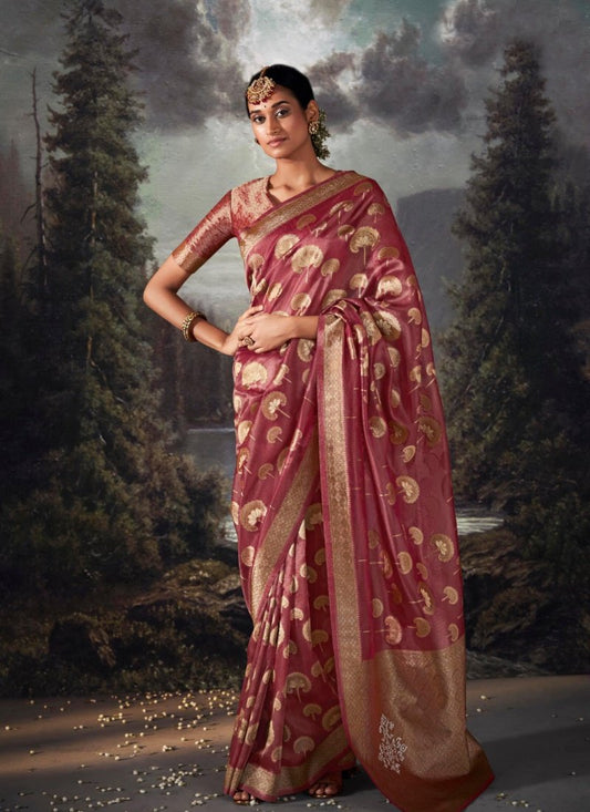 Maroon Pure Banarasi Silk Saree With Resham Work and Zari, Stone Work