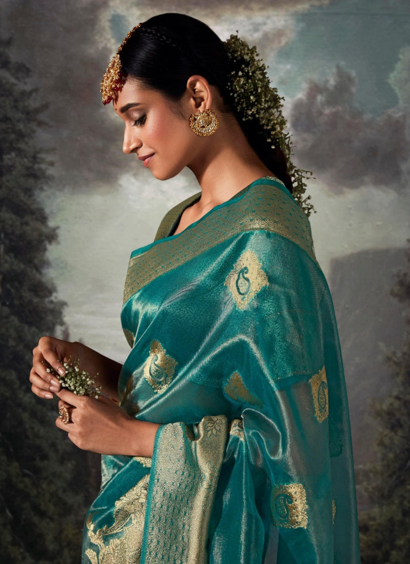 Teal Blue Pure Banarasi Silk Saree With Resham Work and Zari, Stone Work-2