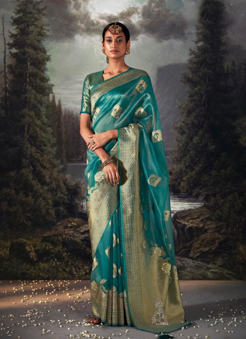 Teal Blue Pure Banarasi Silk Saree With Resham Work and Zari, Stone Work