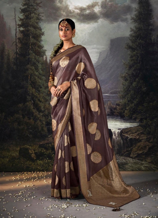 Wine Pure Banarasi Silk Saree With Resham Work and Zari, Stone Work