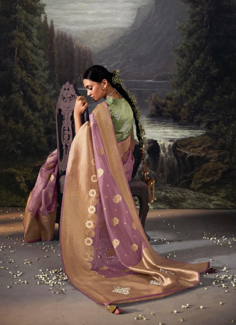 Light Pruple Pure Banarasi Silk Saree With Resham Work and Zari, Stone Work-2