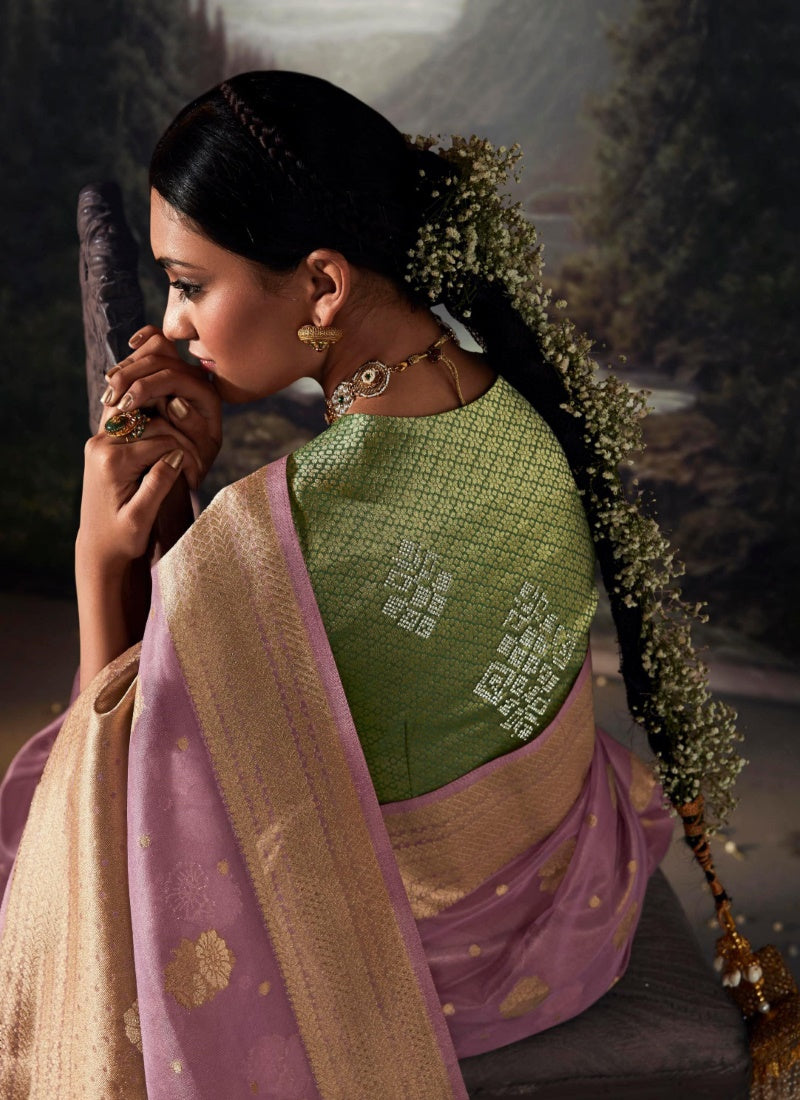 Light Pruple Pure Banarasi Silk Saree With Resham Work and Zari, Stone Work-2