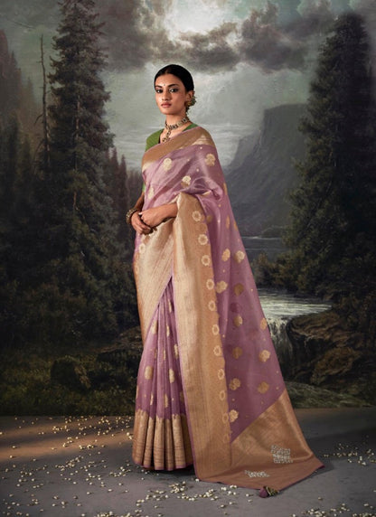 Light Pruple Pure Banarasi Silk Saree With Resham Work and Zari, Stone Work