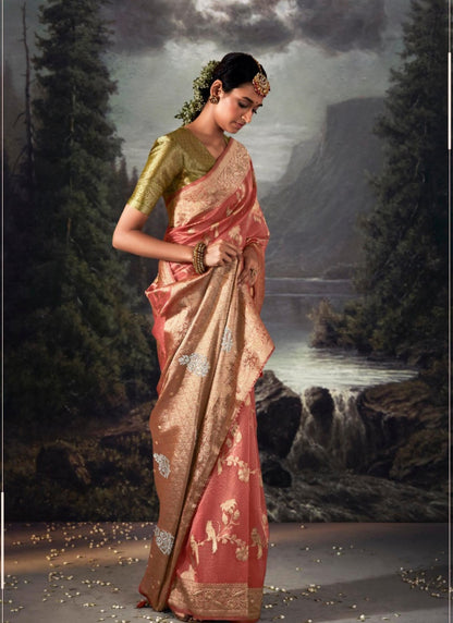 Peach Pure Banarasi Silk Saree With Resham Work and Zari, Stone Work-2