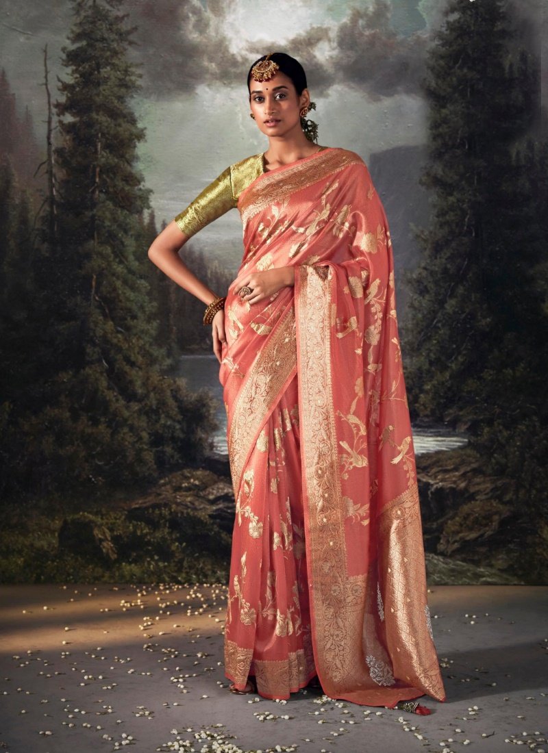 Peach Pure Banarasi Silk Saree With Resham Work and Zari, Stone Work