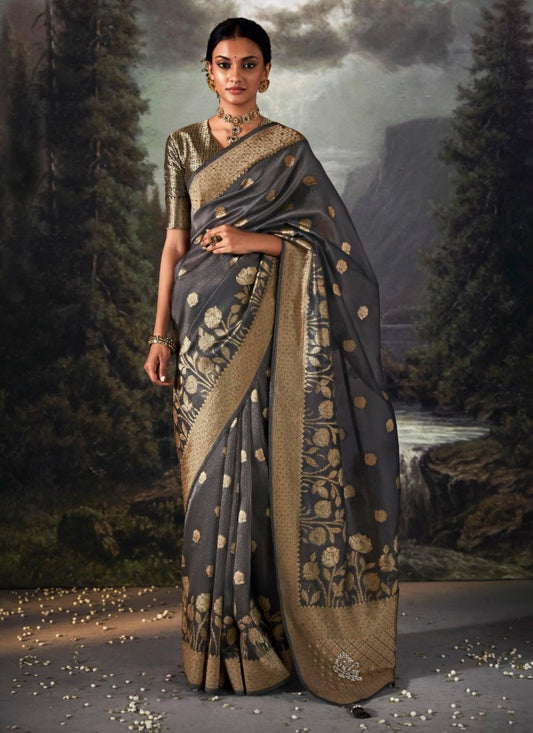 Black Pure Banarasi Silk Saree With Resham Work and Zari, Stone Work