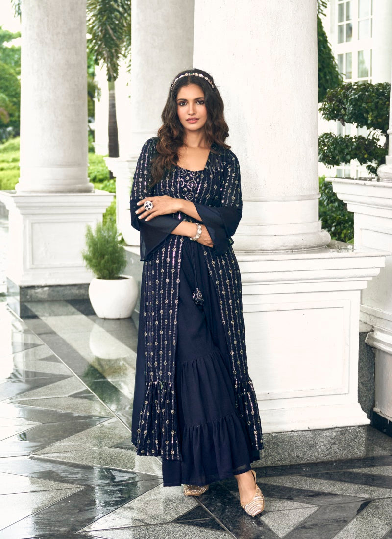 Navy Blue Jacket Style Palazzo Suit-2