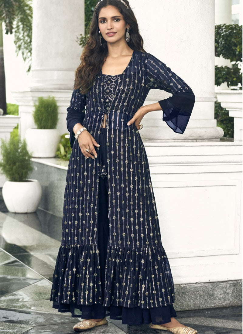 Navy Blue Jacket Style Palazzo Suit-2