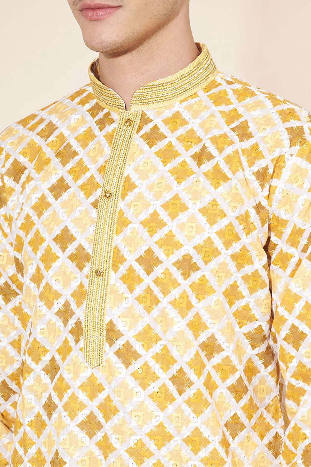 Yellow Cotton Printed Kurta Pajama With Lucknowi, Sequins and Thread Work