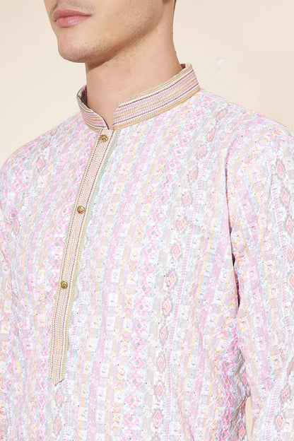 Light Pink Cotton Printed Kurta Pajama With Lucknowi, Sequins and Thread Work