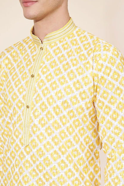 Yellow Cotton Printed Kurta Pajama With Lucknowi, Sequins and Thread Work