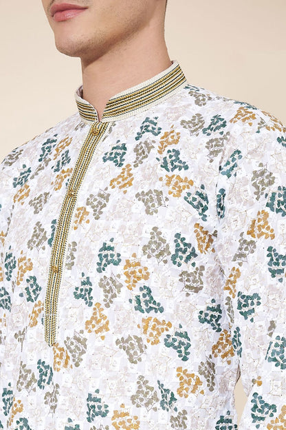 White Cotton Printed Kurta Pajama With Lucknowi, Sequins and Thread Work