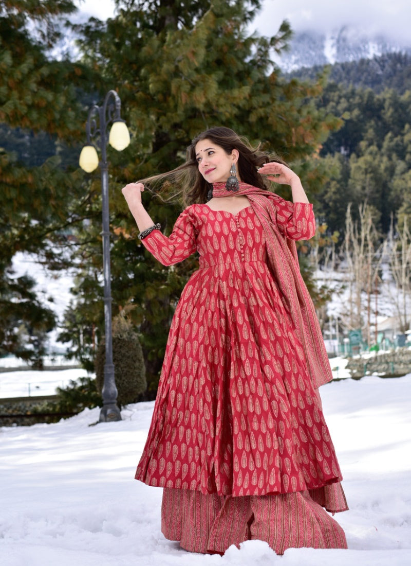 Red Pure Muslin Wide Palazzo Salwar Suit-2