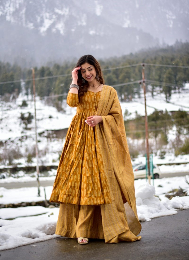 Yellow Pure Muslin Wide Palazzo Salwar Suit