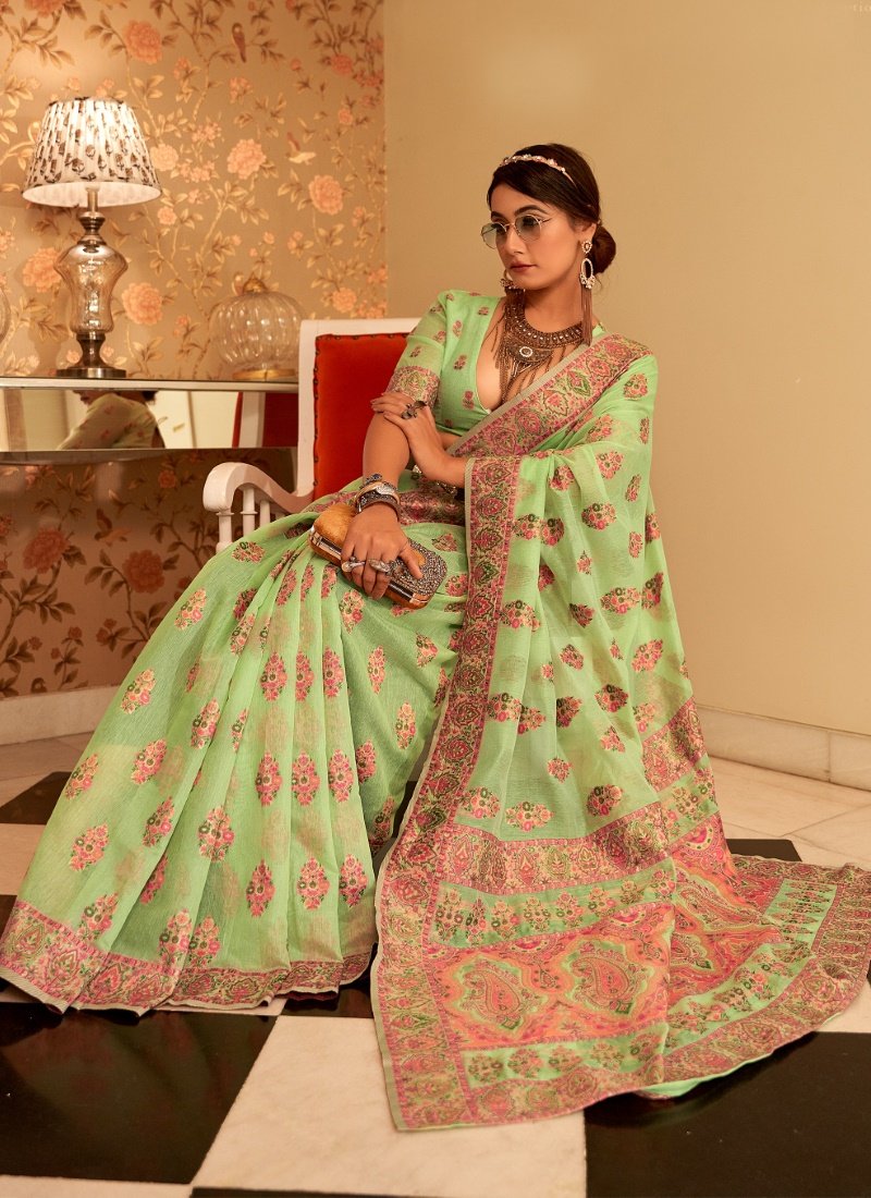 Pista Green Pure Pashmina Silk Saree-2
