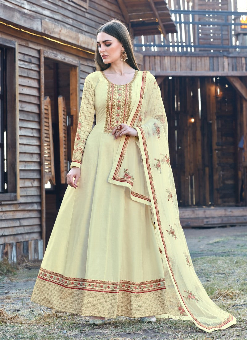 Light Yellow Anarkali Suit With Embroidery Work