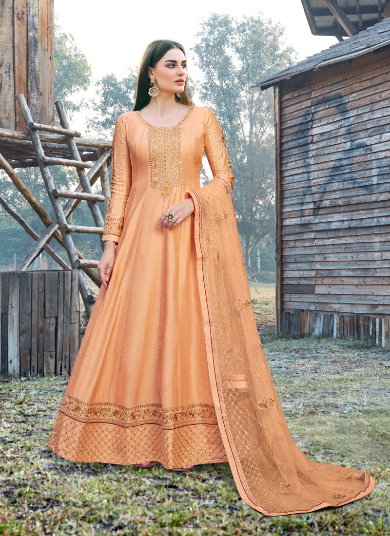 Orange Anarkali Suit With Embroidery Work