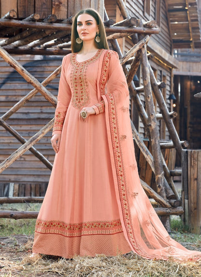 Peach Anarkali Suit With Embroidery Work