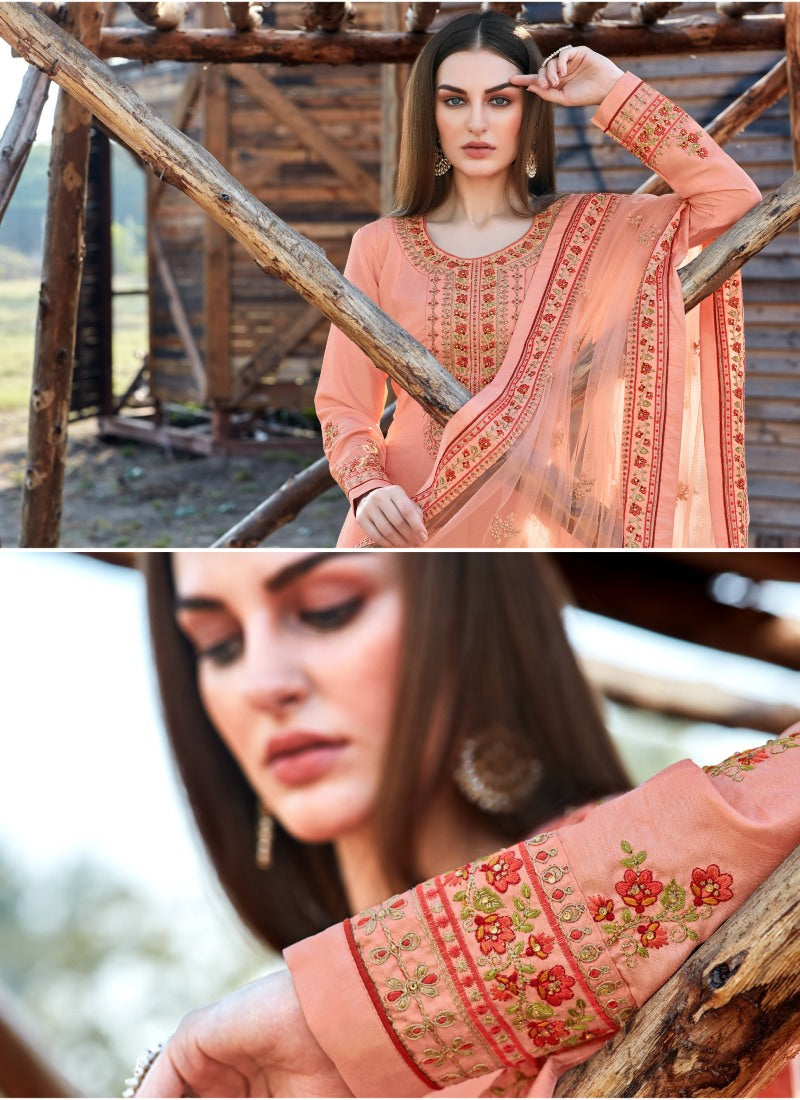 Peach Anarkali Suit With Embroidery Work