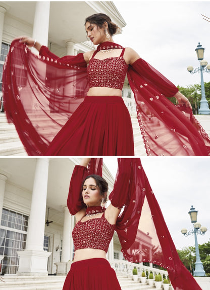 Red Georgette Crop Top Lehenga Choli With Embroidery Work-2