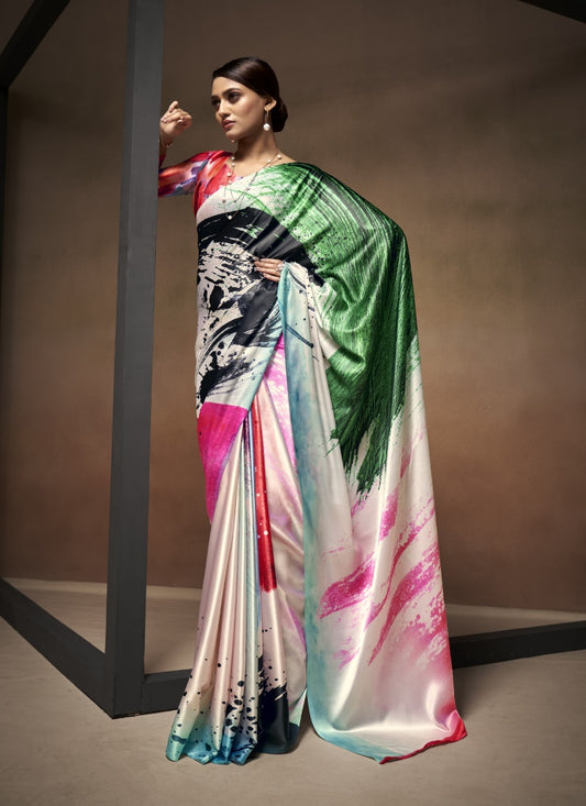 Multi Color Satin Digital Print Saree